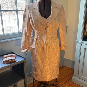 Elegant Gold Paisley Jacquard 2 Piece Peplum Jacket and Empire Waist Sheath Dres